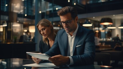 Two business people, Engage in a discussion as they read a financial report together in a modern finance company, A business man and a business woman.