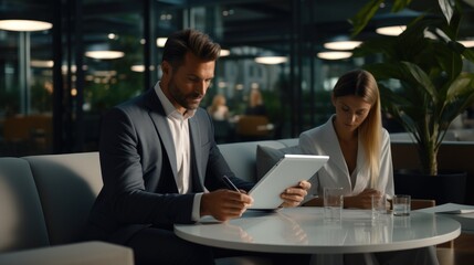 Two business people, Engage in a discussion as they read a financial report together in a modern finance company, A business man and a business woman.