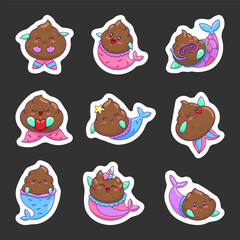 Cute poop mermaid characters. Sticker Bookmark. Funny kawaii excrement with smiley face. Hand drawn style. Vector drawing. Collection of design elements.