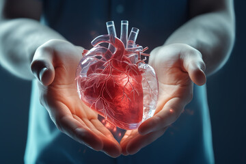 Hand holding virtual hologram heart shape with cardiogram. Concept of heart disease awareness campaign, cardiovascular health, stroke prevention, hypertension (high blood pressure) for heart disease.