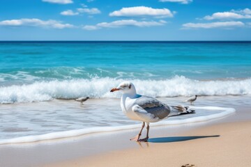 Fototapeta na wymiar Seagull's Serene Stance on Sandy Shore