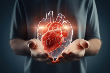 Hand holding virtual hologram heart shape with cardiogram. Concept of heart disease awareness campaign, cardiovascular health, stroke prevention, hypertension (high blood pressure) for heart disease.