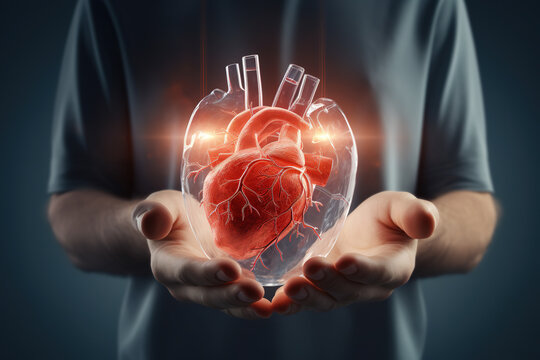 Hand holding virtual hologram heart shape with cardiogram. Concept of heart disease awareness campaign, cardiovascular health, stroke prevention, hypertension (high blood pressure) for heart disease.