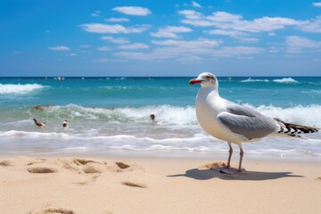 Fototapeta premium Seagull Perched on Sandy Beach, With Ocean Waves in the Background