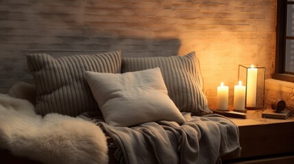 Soft Pillows and blanket at wall, copy space, 16:9