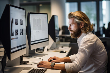 Handsome long-haired bearded manager working at a desk in creative office, using desktop computer with a Stock Market graphs dashboard. - obrazy, fototapety, plakaty