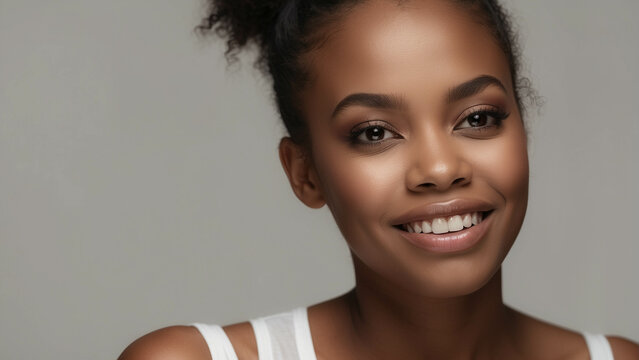 portrait on white studio background afro american woman face with smooth healthy skin for advertising design. Korean, Chinese or Japanese Beautiful  woman , space for text 