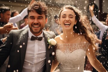 Guests Throwing Confetti On Couple During Garden Wedding, Happy wedding of bride and groom at wedding ceremony.