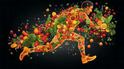 illustration of a running man made up of pieces of fruits and vegetables, copy space, 16:9