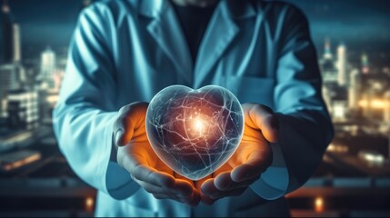 A male physician holding model of human heart on her hand at medical conference.