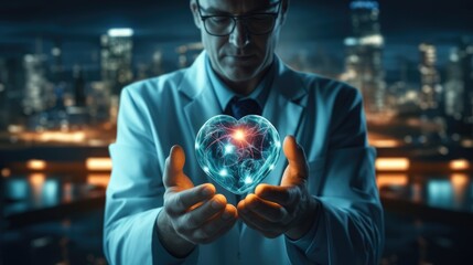 Fototapeta premium A male physician holding model of human heart on her hand at medical conference.