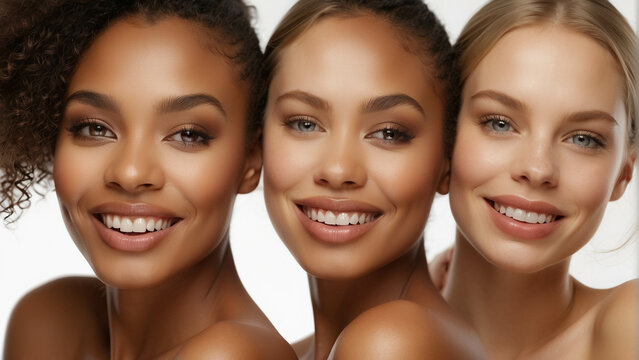 A diverse group of beautiful women with natural beauty and glowing smooth skin. Portrait of many attractive female fashion models with great skincare of all races, tones and style