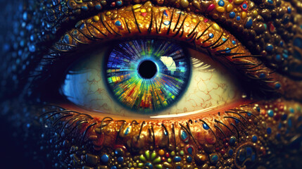 Close up of human eye with colorful iris - obrazy, fototapety, plakaty