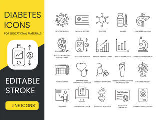 Explore an educational material on diabetes with this black icon set. From pancreas anatomy to blood sugar data. The set includes icons with editable strokes for your convenience.