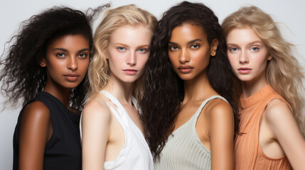 Portrait of attractive models posing. Make-up, smooth skin. Natural light. Fashion concept