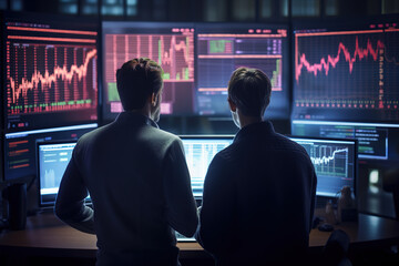 Two crypto traders brokers stock exchange market investors discussing trading charts research reports growth using pc computer looking at screen analyzing invest strategy, financial risks. - obrazy, fototapety, plakaty