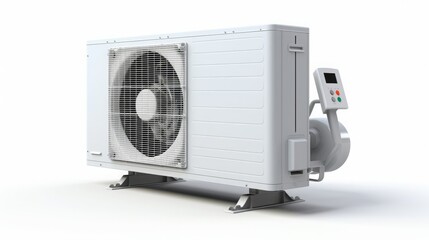 Fototapeta premium Air conditioner outdoor unit with white background 3D Rendering, copy space, 16:9