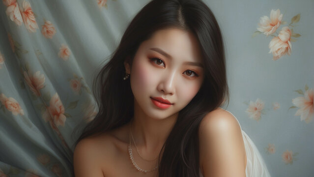 Asian woman face with smooth healthy skin for advertising design. Korean, Chinese or Japanese Beautiful young woman , beauty, health, skin care and cosmetics, commercial advertisement