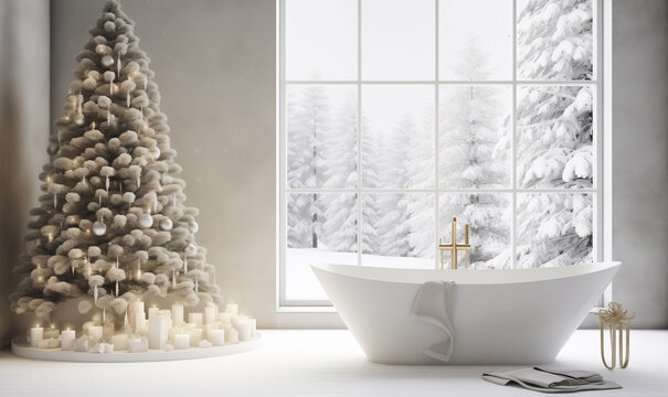 Luxury bathroom interior with Christmas decorations. Bath near window with Christmas tree and candles. A romantic setting for a date, relax time, celebrating Christmas or New Year with mountains view