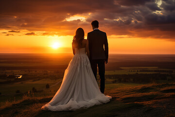 Rear view of wedding couple posing on sunset at wedding day.