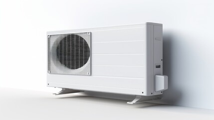 Fototapeta premium Air conditioner outdoor unit with white background 3D Rendering, copy space, 16:9