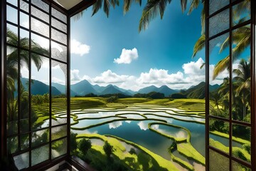 landscape nature view background. view from window at a wonderful landscape nature view with rice terraces