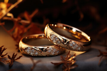 Beautiful wedding rings for the bride and groom on a dark background with highlights, macro photo. - obrazy, fototapety, plakaty
