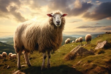 Fototapeta premium A Majestic Flock Grazing on Verdant Pastures