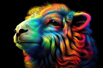 A Vibrant Rainbow Sheep Grazing on a Mysterious, Dark Canvas