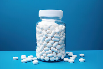 Supplement pills in glass medicine bottle. Health care and medical concept. Capsule and tablets.