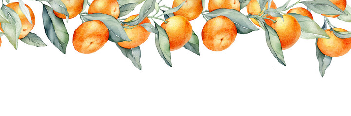Seamless border tropical mandarine. Hand drawn watercolor illustration on white isolated background. Citrus tangerine pattern for frame or banner. Fruit with green leaves for product label