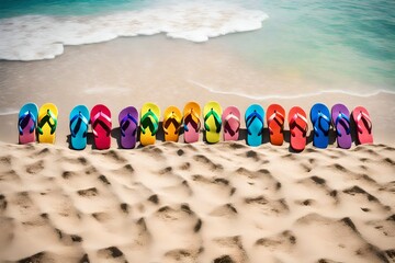 a row of rainbow color flip flop on a white sand beach in tropical paradise. Spring break