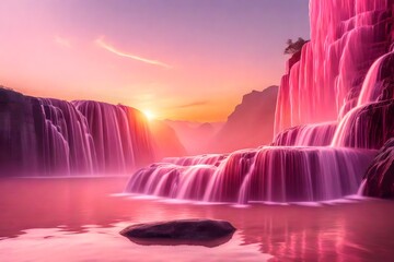Side view of stepped waterfall group at sunrise in pink sky.