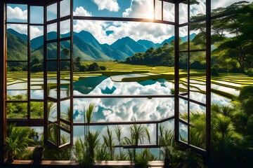 landscape nature view background. view from window at a wonderful landscape nature view with rice terraces