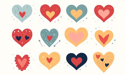 Icon set of Illustrative elements. Decoration for Valentines Day. Set of cartoon cute icons for greeting card. Stickers with simple background. Collection of red and pink hearts. Love postcard.