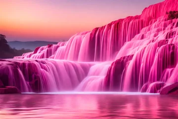 Raamstickers Side view of stepped waterfall group at sunrise in pink sky. © Bilal