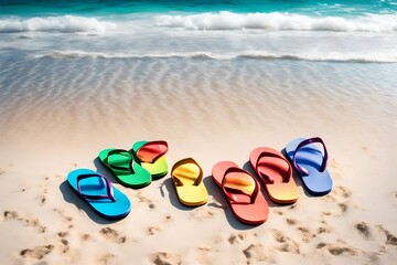 a row of rainbow color flip flop on a white sand beach in tropical paradise. Spring break
