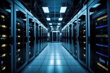 Obraz premium A Room Full of Powerful Servers, Illuminated by Bright Lights