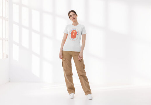 Mockup of woman wearing customizable t-shirt, full length