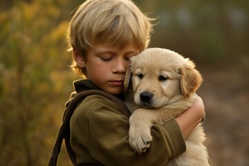 A Tender Moment: Young Boy Embracing Adorable Puppy in His Arms