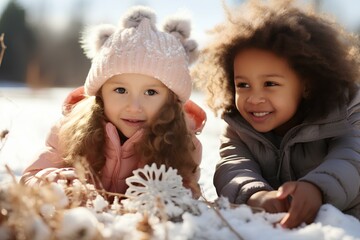 Obraz premium diversity children playing together in winter with snowflakes. generative AI