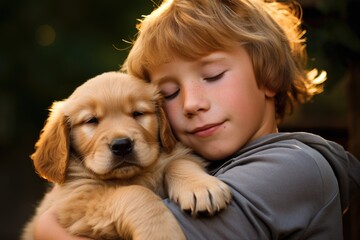 A Tender Moment: Young Boy Embracing Adorable Puppy