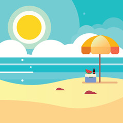 Obraz na płótnie Canvas Vector Flat Summer Beach with Parasol Illustration