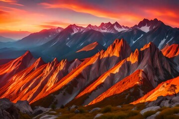 Rocky mountains at amazing colorful sunset in summer . Mountain ridges and beautiful sky with pink, red and ornage clouds and sunlight in spring. Landscape with rocks, mountain peak - obrazy, fototapety, plakaty