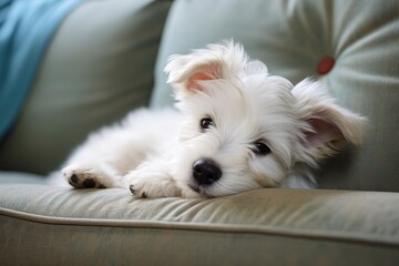 A Cozy Companion: Small White Dog Enjoying a Relaxing Nap on the Couch