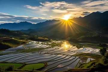 Tafelkleed Panorama view of terraced rice field at sunset in Sapa, Lao Cai, Vietnam, Countryside, Peaceful nature landscape © rabbizz77