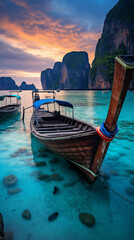Long tail boats in the sea of Maya bay at sunset, Krabi, Thailand, Vacation travel, Peaceful nature landscape