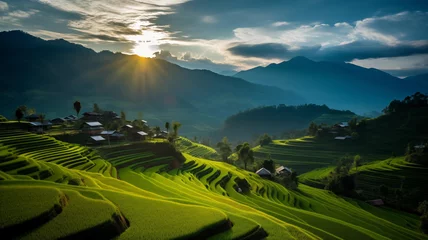 Crédence de cuisine en verre imprimé Mu Cang Chai Panorama view of green terraced rice field at sunset in Mu Cang Chai, YenBai, Vietnam, Countryside, Peaceful nature landscape