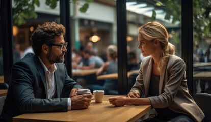 Two business people at a coffee shop discussing strategy.