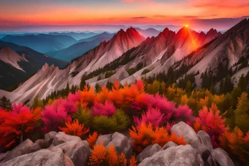 Abwaschbare Fototapete Rocky mountains at amazing colorful sunset in summer . Mountain ridges and beautiful sky with pink, red and ornage clouds and sunlight in spring. Landscape with rocks, mountain peak © Bilal
